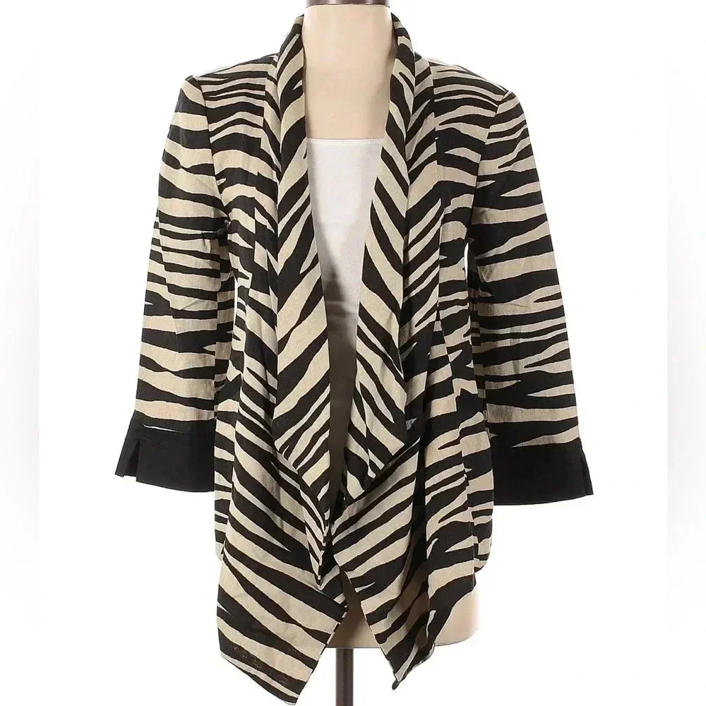 Alberto Malaki Linen Blend Tan Black Zebra Animal Stripe Open Blazer Size Small